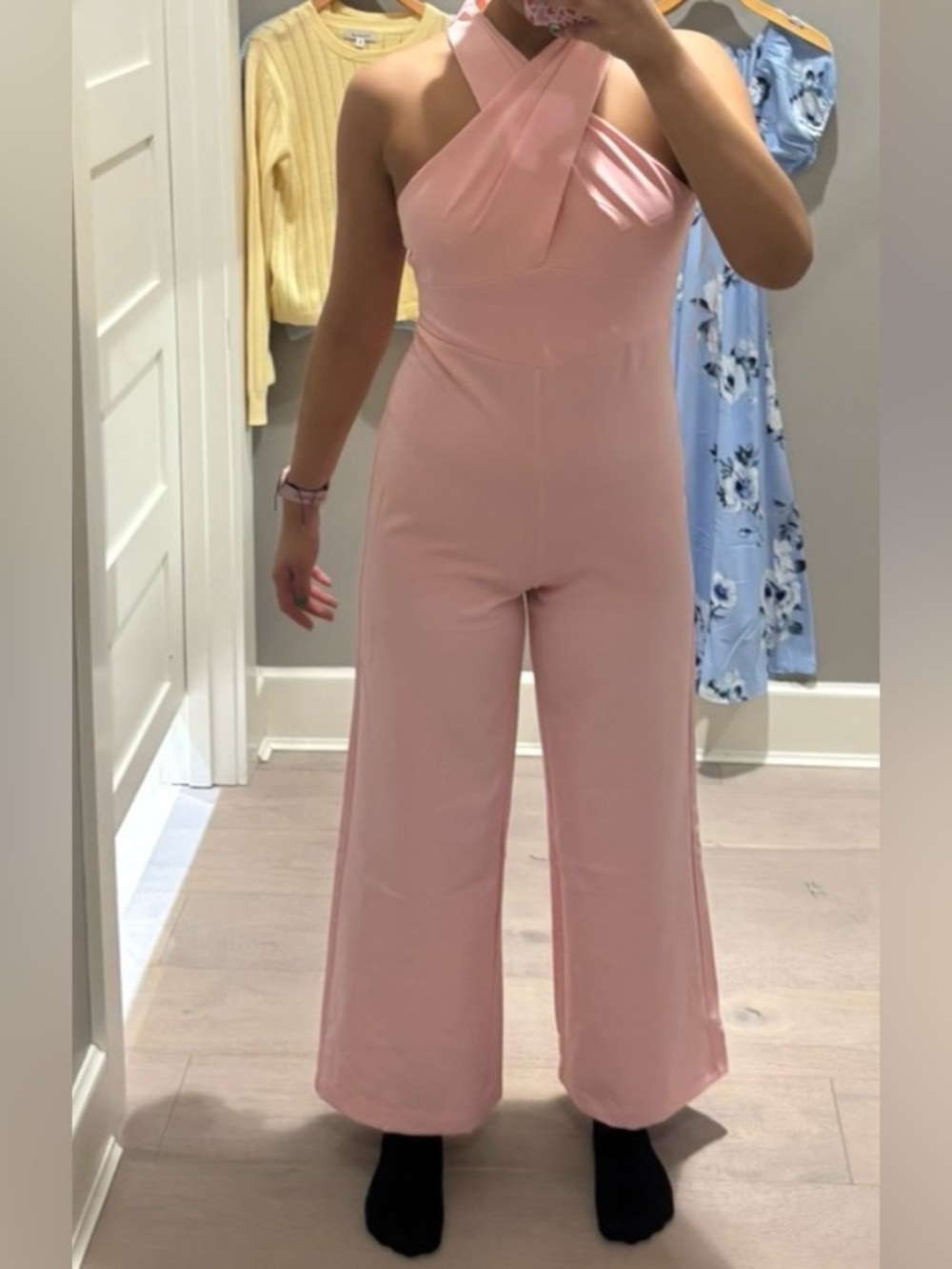 Francesca's Collections Pale Pink One-Shoulder Wide-Leg Jumpsuit